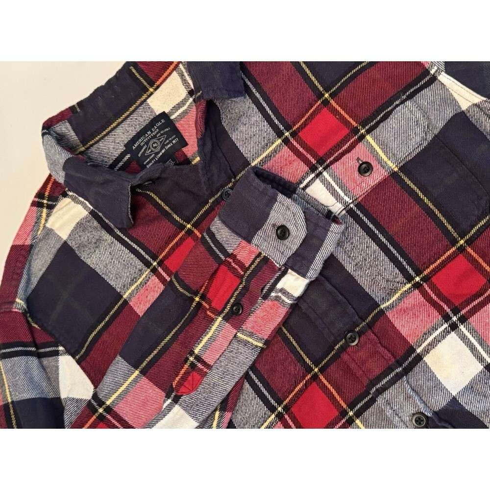 American Eagle Shirt Mens Small Red Navy Plaid Flannel Button Down
